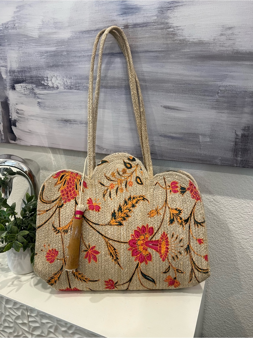 NWT Antik Kraft Beige Tote with Pink and Orange Floral Print